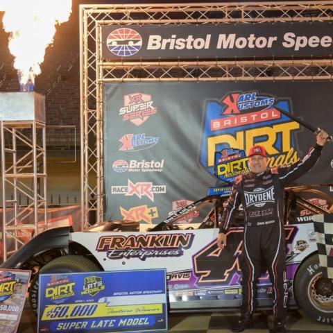 Chris Madden celebrates after earning Friday's XR Super Series Late Model victory at the Karl Kustoms Bristol Dirt Nationals.