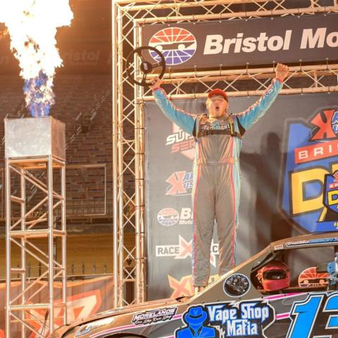 Brandon Gibson Jr., of Dry Ridge, Ky., earned the victory in the 30-lap Hornets feature race Saturday night at the Karl Kustoms Bristol Dirt Nationals at Bristol Motor Speedway.