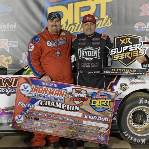 Chris Madden rallied to post a second place finish in the final XR Super Series Late Model race Saturday night in the Karl Kustoms Bristol Dirt Nationals to claim the $100,000 bonus for the four-race, two weekend series at Bristol Motor Speedway. Madden posted two wins, a second place and a 12th place finish to claim the hefty bonus prize.