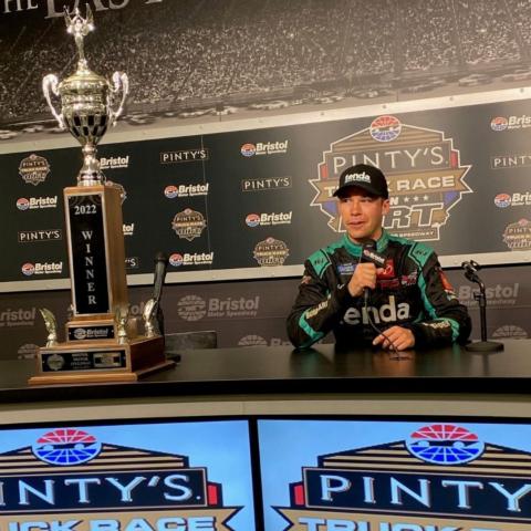 Ben Rhodes answers questions from the media following his win Saturday night in the Pinty's Truck Race on Dirt at Bristol Motor Speedway.