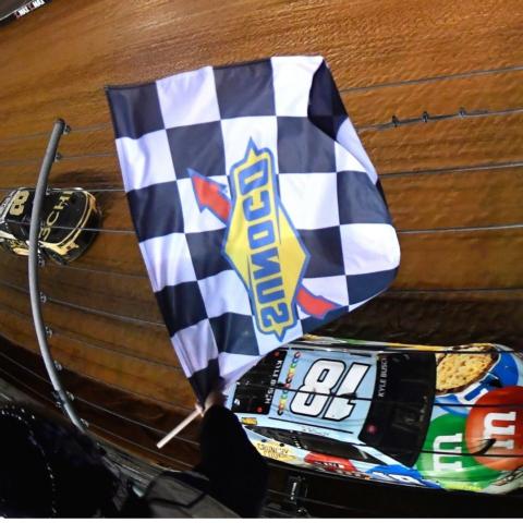 Kyle Busch (18) zoomed to the checkered flag in front of Tyler Reddick (8) Sunday night in the Food City Dirt Race at Bristol Motor Speedway.