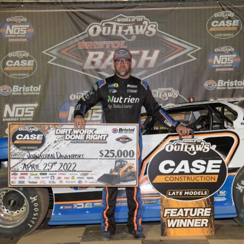 It is the second Bristol Motor Speedway victory for Jonathan Davenport, who drove his No. 49 machine to the CASE Construction Equipment Late Model Series victory Friday in the World of Outlaws Bristol Bash. 