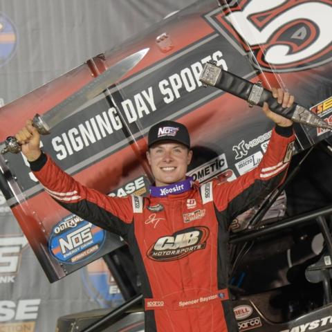 Rookie driver Spencer Bayston won the NOS Energy Drink Sprint Car Series race Saturday at Bristol Motor Speedway.