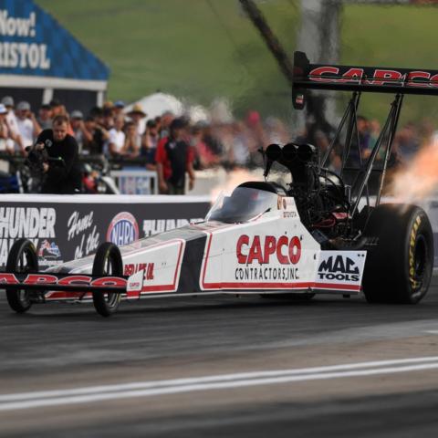 Steve Torrence powered to the qualifying lead Friday in Top Fuel at the NHRA Thunder Valley Nationals at Bristol Dragway. 