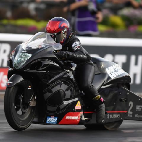 Defending NHRA Thunder Valley Nationals Pro Stock Motorcycle winner Angelle Sampey led Friday's qualifying on her Suzuki at Bristol Dragway. 