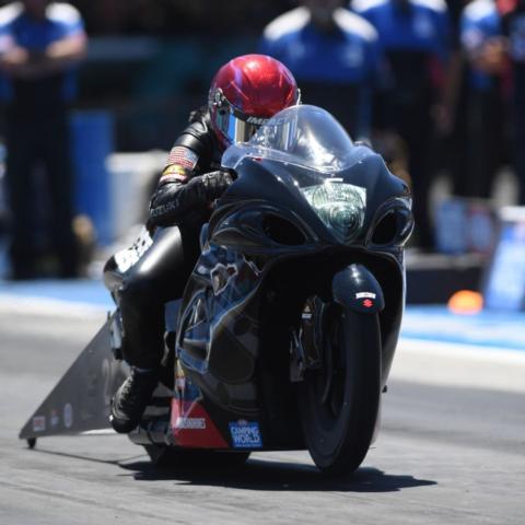 Defending NHRA Thunder Valley Nationals Pro Stock Motorcycle winner Angelle Sampey earned her first No. 1 qualifying position at Bristol Dragway and the 55th of her career Saturday afternoon in the NHRA Camping World Drag Racing Series event.  Photo by NHRA