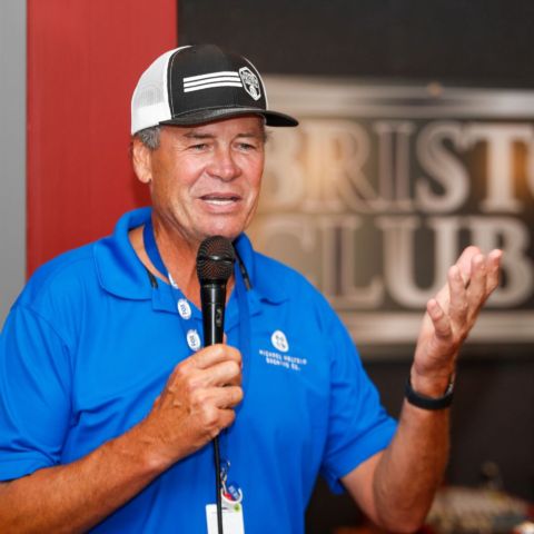 Drivers and other racing personalities visit the Bristol Club and other suites from time to time. Here, Michael Waltrip chats with the crowd in the Bristol Club at a recent event.