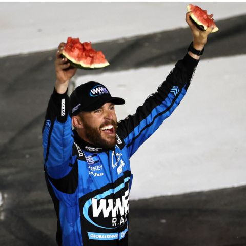 Trackhouse Racing's Ross Chastain celebrates a victory by busting open a watermelon. He's done that two times this season as his stock in the NASCAR Cup Series continues to rise. 