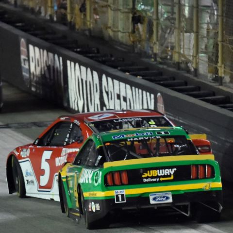 In last year's Bass Pro Shops Night Race Kevin Harvick tried his best to get Kyle Larson loose as the No. 5 Chevy driver made the winning pass in the closing laps.