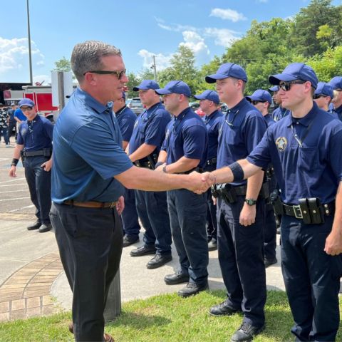 BMS President Jerry Caldwell shook hands with all of the Walters State Regional Law Enforcement Training Academy Cadets today during a news conference on their campus to name them as a BMS Neighborhood Hero for America's Night Race on Sept. 17.