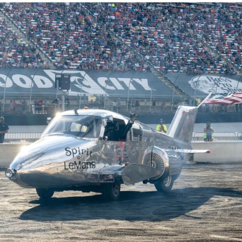 One of the most unique vehicles to compete in the Open Burnout competition on Saturday was this silver airplane. 