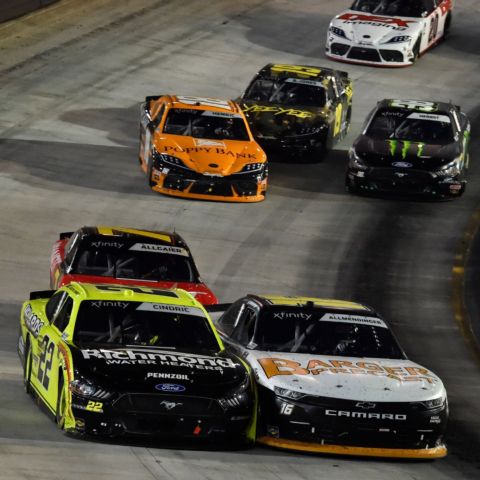AJ Allmendinger (16) and Austin Cindric (22) battled door handle to door handle in the closing laps of the Food City 300 last season at BMS. 