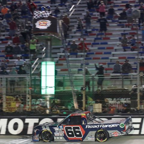 Ty Majeski claimed the checkered flag in the Camping World Truck Series Playoffs Thursday at Bristol Motor Speedway.