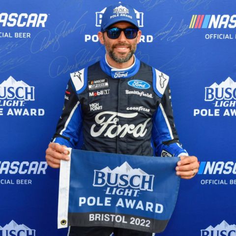 Aric Almirola won the Busch Light Pole Award and will lead Saturday's Bass Pro Shops Night Race to the green flag at 7:30 p.m.