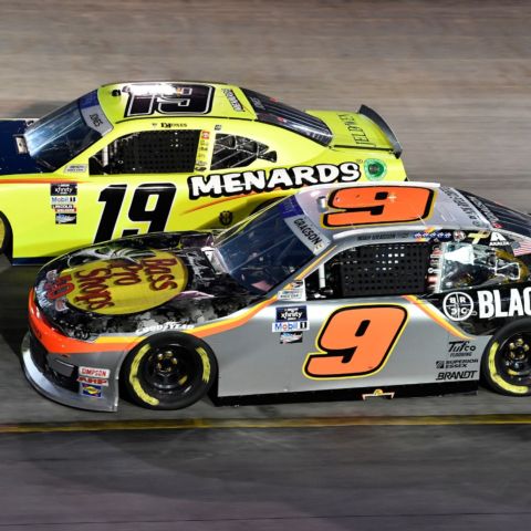 Noah Gragson (9) held off Brandon Jones in the final laps of the Food City 300 Friday night at Bristol Motor Speedway to win the Xfinity Series regular season finale.