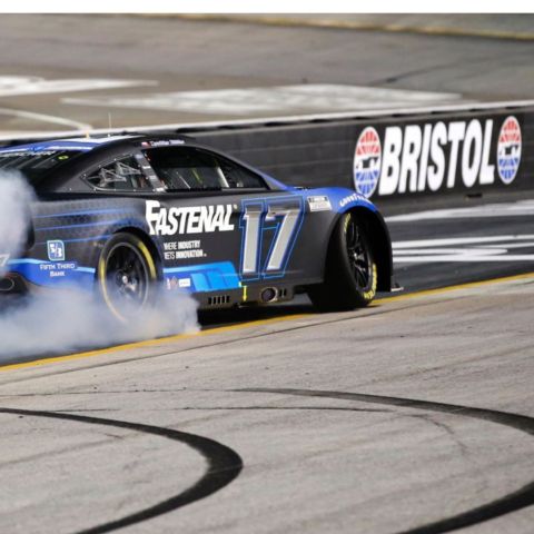 Chris Buescher does a celebratory burnout Saturday night at Bristol Motor Speedway after winning the Bass Pro Shops Night Race.