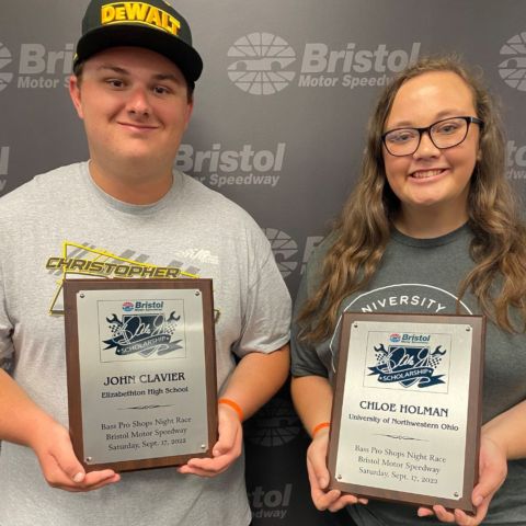 The 2022 Dale Jr Scholarship winners are from left to right John Clavier from Elizabethton, Tenn., a student at Elizabethton High School, and Chloe Holman from Essex, Mo., a student at the University of Northwestern Ohio. 