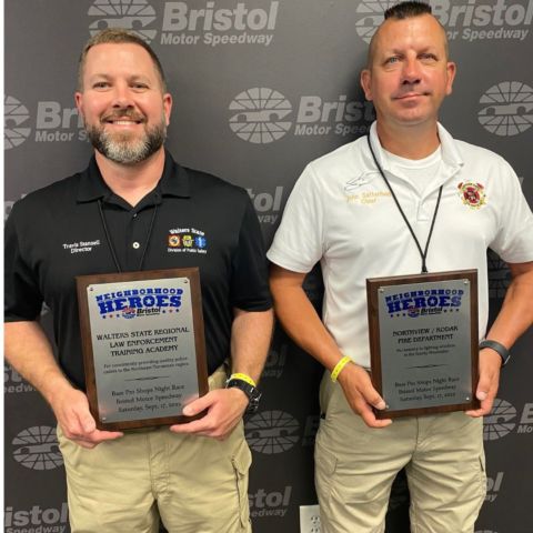 From left, Travis Stansell accepted the BMS Neighborhood Heroes Award on behalf of the Walters State Regional Law Enforcement Training Academy as did John Satterfield, fire chief for the Northview/Kodak fire department.
