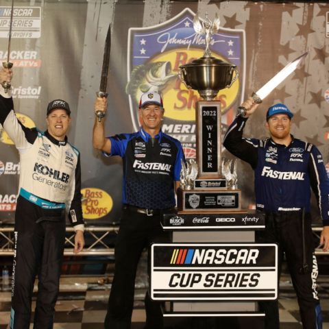 Team owner Brad Keselowski (left), crew chief Scott Graves (center) and winning driver Chris Buescher (right) celebrated after Buescher won the Bass Pro Shops Night Race at iconic Bristol Motor Speedway. Keselowski says the Bristol Night Race is a race that champions win.