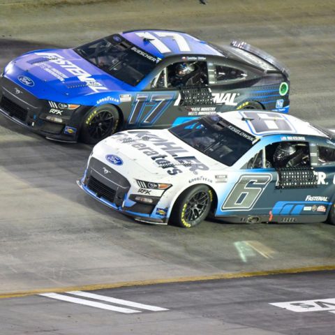 RFK team owner Brad Keselowski (6) gave America's Night Race winner and his team driver Chris Buescher (17) a big thumb's up on the cool down lap Saturday at Bristol Motor Speedway.