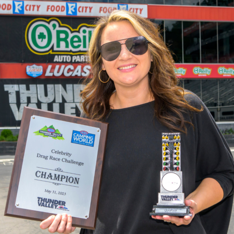 WCYB News Anchor Kristen Quon took the victory Wednesday at the Thunder Valley Celebrity Drag Challenge at historic Bristol Dragway. 