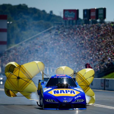 The highlight of the 2023 Bristol Dragway schedule is the annual NHRA Thunder Valley Nationals, which will be held one week earlier on June 9-11. In this photo defending Funny Car winner Ron Capps pulls the parachutes on his 320-mph machine at Bristol Dragway.
