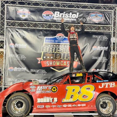 Virginia racer Tyler Bare charged to the front with 14 laps to go to win the Steel Block Bandits 30-lap feature in the Bristol Dirt Showcase Saturday at Bristol Motor Speedway.