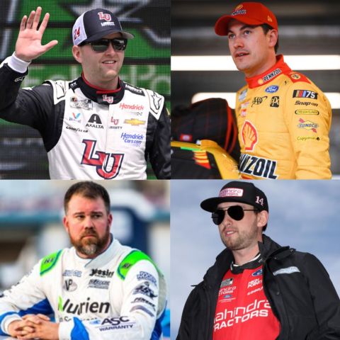 Four Cup Series drivers are entered in the WEATHER GUARD Truck Race on Dirt, including from top left clockwise, William Byron will drive the 51 Chevy, Joey Logano will drive the 66 Ford, Chase Briscoe will drive the 22 Ford and full-time dirt racer Jonathan Davenport, who is driving the No. 13 Kaulig Chevy in the Food City Dirt Race, will pilot the No. 7 Chevy for Spire Motorsports.