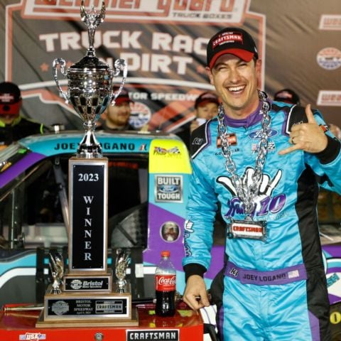 Joey Logano claimed his second career NASCAR Craftsman Truck Series victory Saturday in the Weather Guard Truck Race on Dirt at Bristol Motor Speedway.