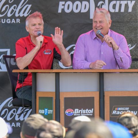 The BMS Race Day Revival had a huge crowd of fans who came out before the Food City Dirt Race to watch hosts Kenny Wallace (left) and John Roberts on the Food City Fan Zone Stage.