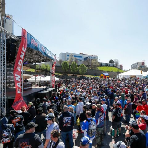 Fans packed the BMS Fan Zone to be entertained by Kenny Wallace and John Roberts during the BMS Race Day Revival pre-race show at Bristol Motor Speedway in advance of the Food City Dirt Race.