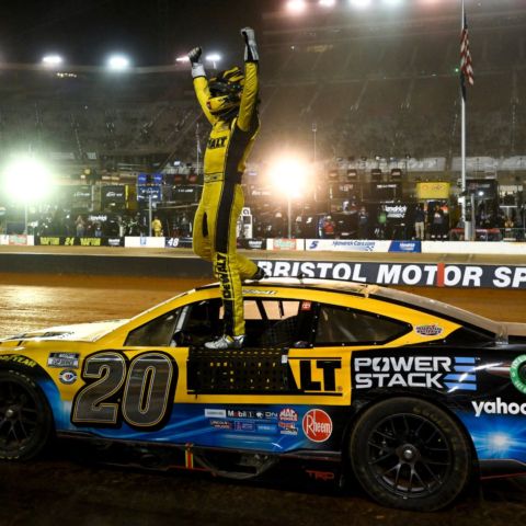Christopher Bell scored a victory for all of the drivers with dirt racing backgrounds in the Cup Series garage, powering his No. 20 Joe Gibbs Racing machine to the victory at dirt-transformed Bristol Motor Speedway. Here, Bell celebrates along the frontstretch after taking the checkered flag.