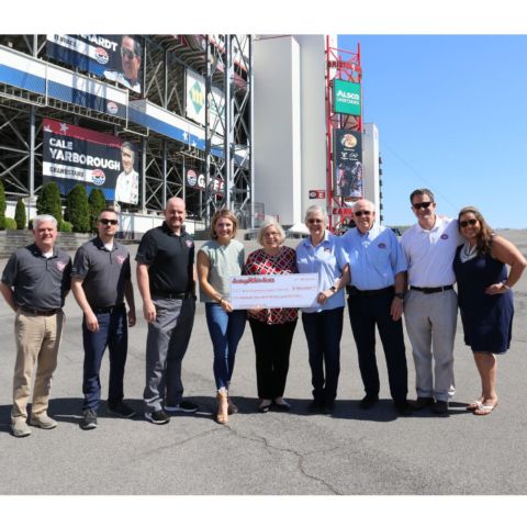 Eleven Jersey Mike's locations throughout the Tri-Cities raised a record $100,000 for the Bristol chapter of Speedway Children's Charities during his "Month of Giving" program. Jersey Mike's officials made the presentation yesterday to SCC officials at BMS, from left to right, Timothy Strickland, Evan Schrock, Kevin Adams, Betsy Holleman, Claudia Byrd, Jeanie Wampler, David Wampler, Sam Curde and Raquel Curde.