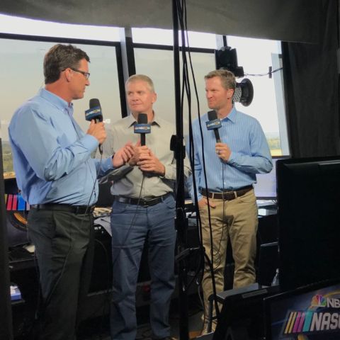 Earnhardt Jr. (right) works in the TV booth alongside USA/NBC Sports colleagues Rick Allen (left) and Jeff Burton (middle). The trio will be part of the broadcast team for the Bass Pro Shops Night Race Saturday at Bristol, an elimination race in the NASCAR Cup Series Round of 16 Playoffs.