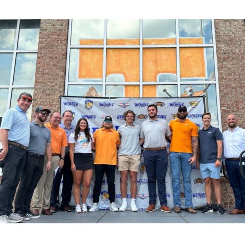 BMS named five University of Tennessee student-athletes as Neighborhood Heroes today during a news conference at the Food City store at Western Ave. in Knoxville. From left to right, Jerry Caldwell, BMS President; Chad Finchum, Xfinity Series driver; Dr. Jerry Punch, emcee; Ron Tacker, Food City; Camryn Sarvis, UT Softball; Kirby Connell, UT Baseball; Colby Backus, UT Baseball; Dane Davis, UT Football; Austin Lewis, UT Football; Trever Bayne, NASCAR Driver and FOX Sports race anaylyst; Steven Jones, Food City.