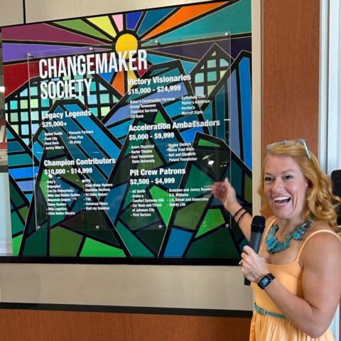 Local artist Leah Utsman from Bristol designed the special Changemaker Society Mural, which hangs in the lobby of the Bruton Smith Administration Building to showcase SCC-Bristol's major donors, supporters and friends.