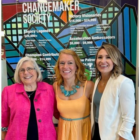 SCC-Bristol Executive Director Claudia Byrd (left), artist Lea Utsman and SCC senior manager of business and development Betsy Holleman unveiled the new SCC Changemakers Society Mural today in the lobby of the Bruton Smith Administration Building. The beautiful Mural showcases the Bristol Chapter's major donors, supporters and friends.