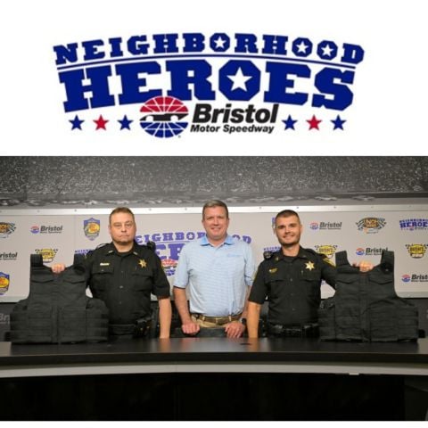 BMS President Jerry Caldwell (center) announced today that Sullivan County Sherriff's officers Rick Rumley (left) and Jacob Hulse (right) have been selected as BMS Neighborhood Heroes for the Tri-Cities region and will be honored on Saturday night, Sept. 16 during pre-race ceremonies for the Bass Pro Shops Night Race.