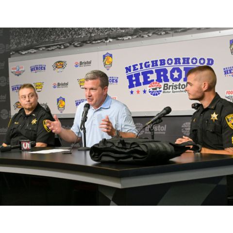 Jerry Caldwell announced the Tri-Cities Neighborhood Heroes today during a press conference at the track's Media Center. The recipients are Sullivan County Sherriff's Office Department members Lieutenant Rick Rumley and Sergeant Jacob Hulse for their longtime service and dedication and commitment to also working major racing events at Bristol Motor Speedway.