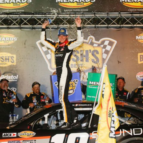 William Sawalich celebrated his ARCA Menards Series victory in the Bush's Beans 200 in the iconic rooftop Victory Lane at Bristol Motor Speedway Thursday night.