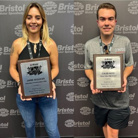 From Left to Right, the BMS Dale Earnhardt Jr. Scholarship winners for 2023 are Jamie Sullivan from UNOH and Caleb Kent from nearby Happy Valley High School.