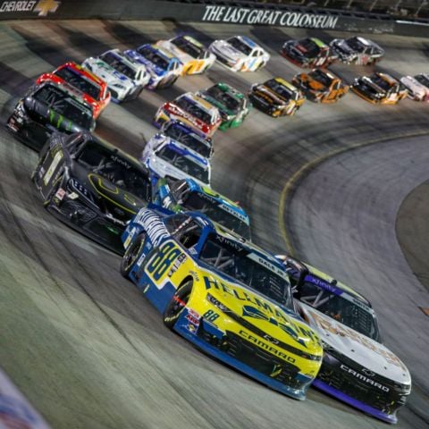 Dale Earnhardt Jr. (88) ran up front for most of the night in the Food City 300, leading 47 laps, but ultimately finished 30th after a fire under the hood caused him to park his car with 29 laps to go. 