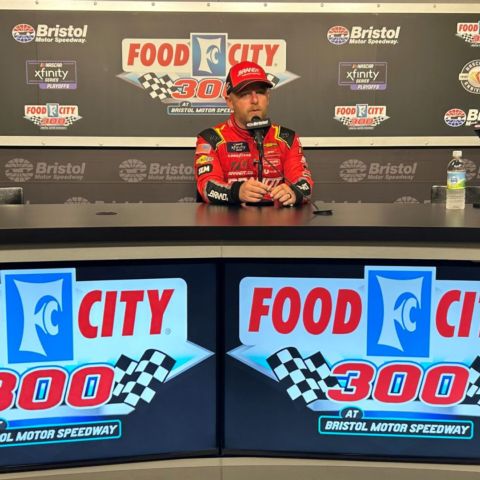 Justin Allgaier met with the media after winning the Food City 300 Friday at Bristol Motor Speedway.