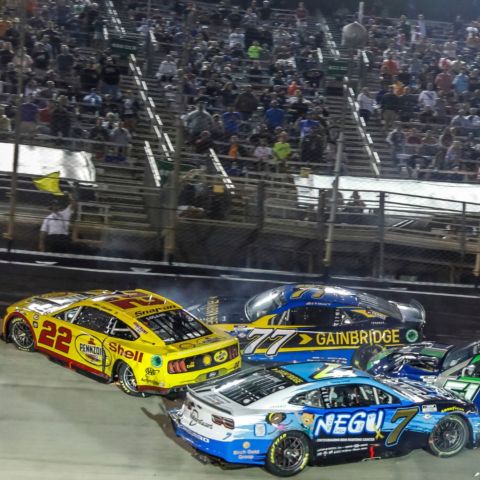 Defending champ Joey Logano won't be able to defend his Series crown after he was collected in a crash midway through the Bass Pro Shops Night Race Saturday night at Bristol Motor Speedway. Logano was one of the four drivers eliminated from Playoff contention after the checkered flag dropped.