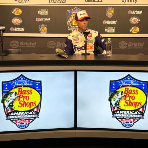 Denny Hamlin met with the media after taking the victory Saturday night the Bass Pro Shops Night Race at Bristol Motor Speedway.