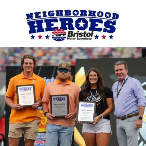BMS Neighborhood Heroes were honored during the Bass Pro Shops Night Race, including local athletes who are having tremendous impacts in their sports for the Tennessee Volunteers, including from left Colby Backus in baseball; Kirby Connell in baseball and Camryn Sarvis in Softball. BMS President and General Manager Jerry Caldwell presented them with their plaques during pre-race ceremonies on Saturday night.