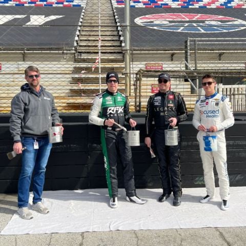 From l-r, Speedway Motorsports executive Steve Swift and NASCAR Cup Series drivers Brad Keselowski, Erik Jones and Zane Smith helped Bristol Motor Speedway operations team members apply the first brushes of paint to the track walls today in preparation for the upcoming Food City 500.