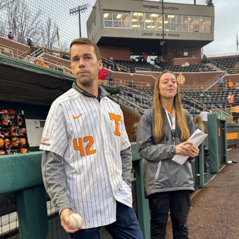 Ben Rhodes tossed out the first pitch at the Tennessee Volunteers baseball game on Wednesday in Knoxville to help preview the upcoming Bristol race weekend.
