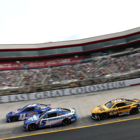Denny Hamlin raced to victory in the Food City 500 Sunday at Bristol Motor Speedway, and held off teammates Martin Truex Jr. and Ty Gibbs to take the win.
