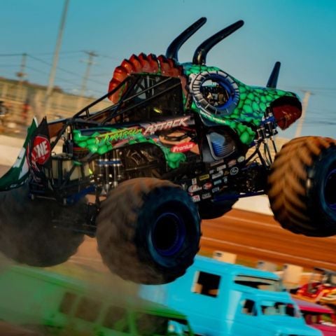 Knoxville's DT Widner soars through the air in Jurassic Attack in the Overdrive Monster Truck Series that is coming to Bristol Motor Speedway Saturday, May 10.